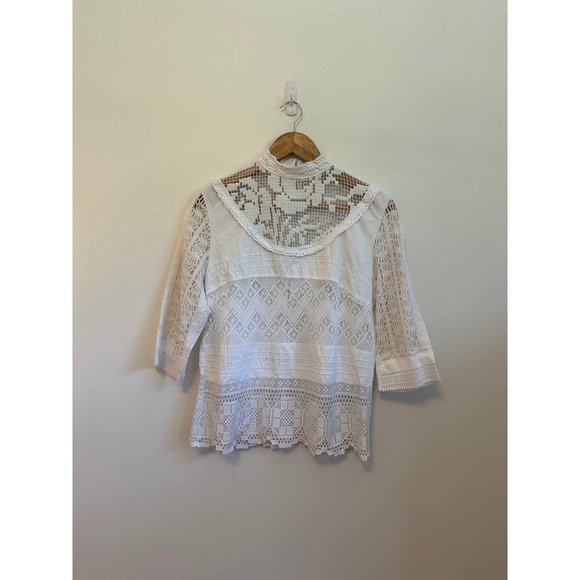 Place Nationale Tops - Place Nationale Cotton Lace Mock Button Back Blouse in White | Size 3 (Medium)